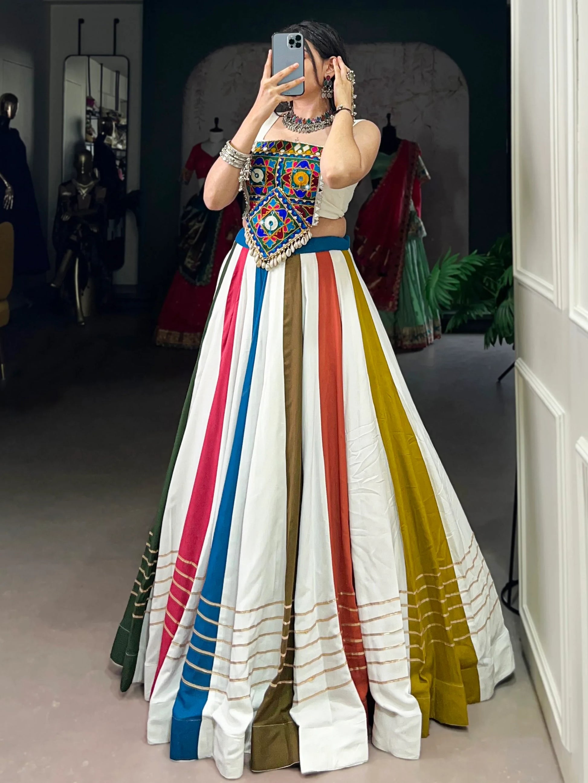 Outstanding Multicolor Gamthi Work Rayon Navratri Wear Crop Top Lehenga - Zeel Clothing