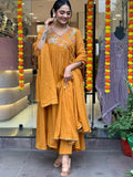 Outstanding Mustard Yellow Embroidered Viscose Pant Suit With Dupatta - Zeel Clothing