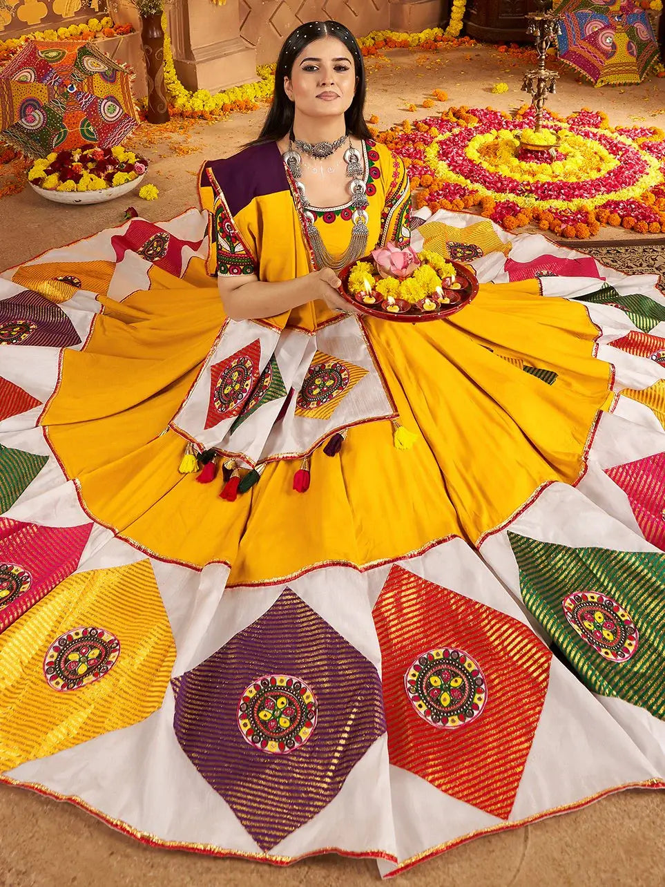 Outstanding Mustard Yellow Thread Work Cotton Navratri Special Lehenga Choli - Zeel Clothing