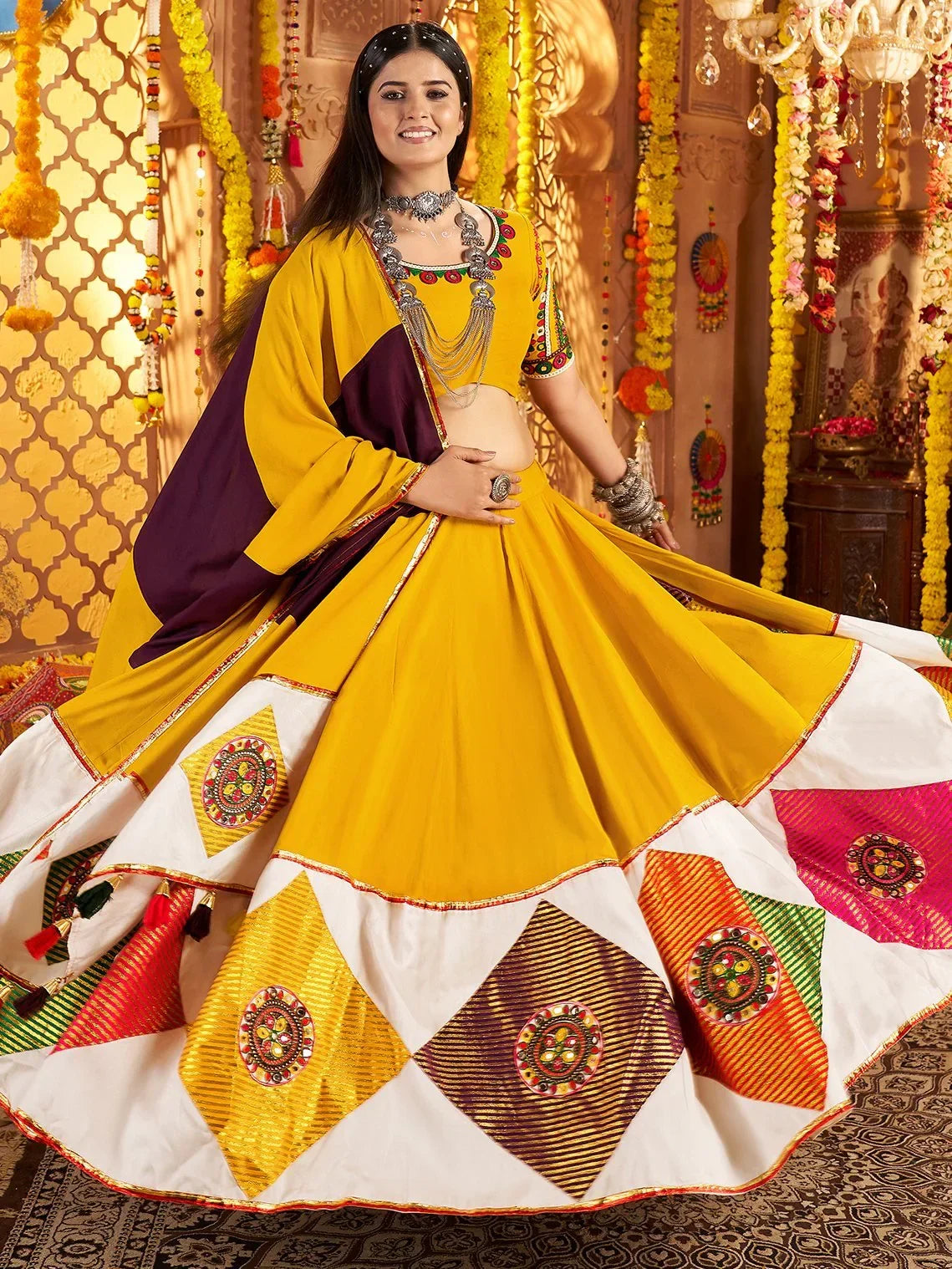 Outstanding Mustard Yellow Thread Work Cotton Navratri Special Lehenga Choli - Zeel Clothing
