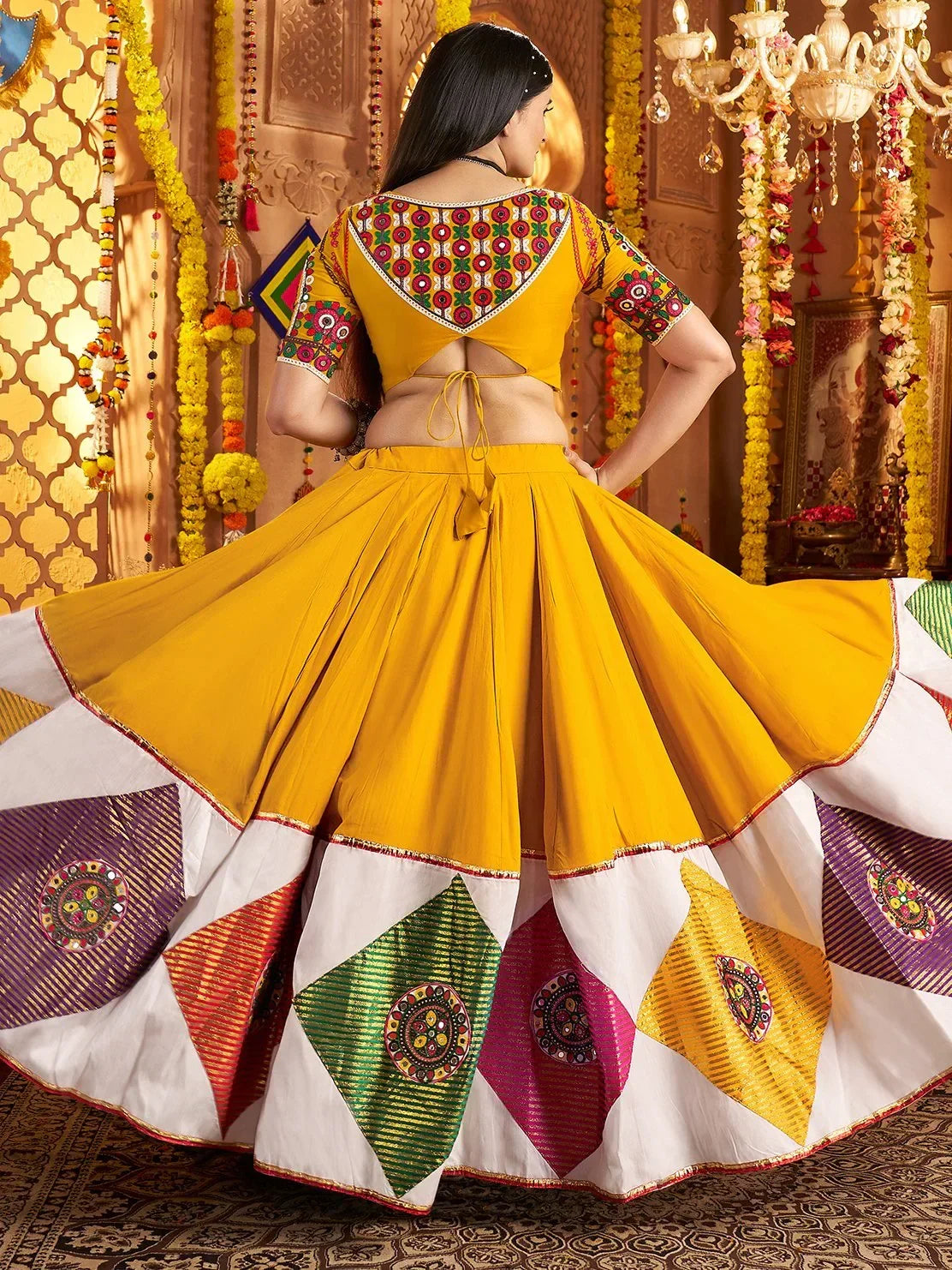 Outstanding Mustard Yellow Thread Work Cotton Navratri Special Lehenga Choli - Zeel Clothing