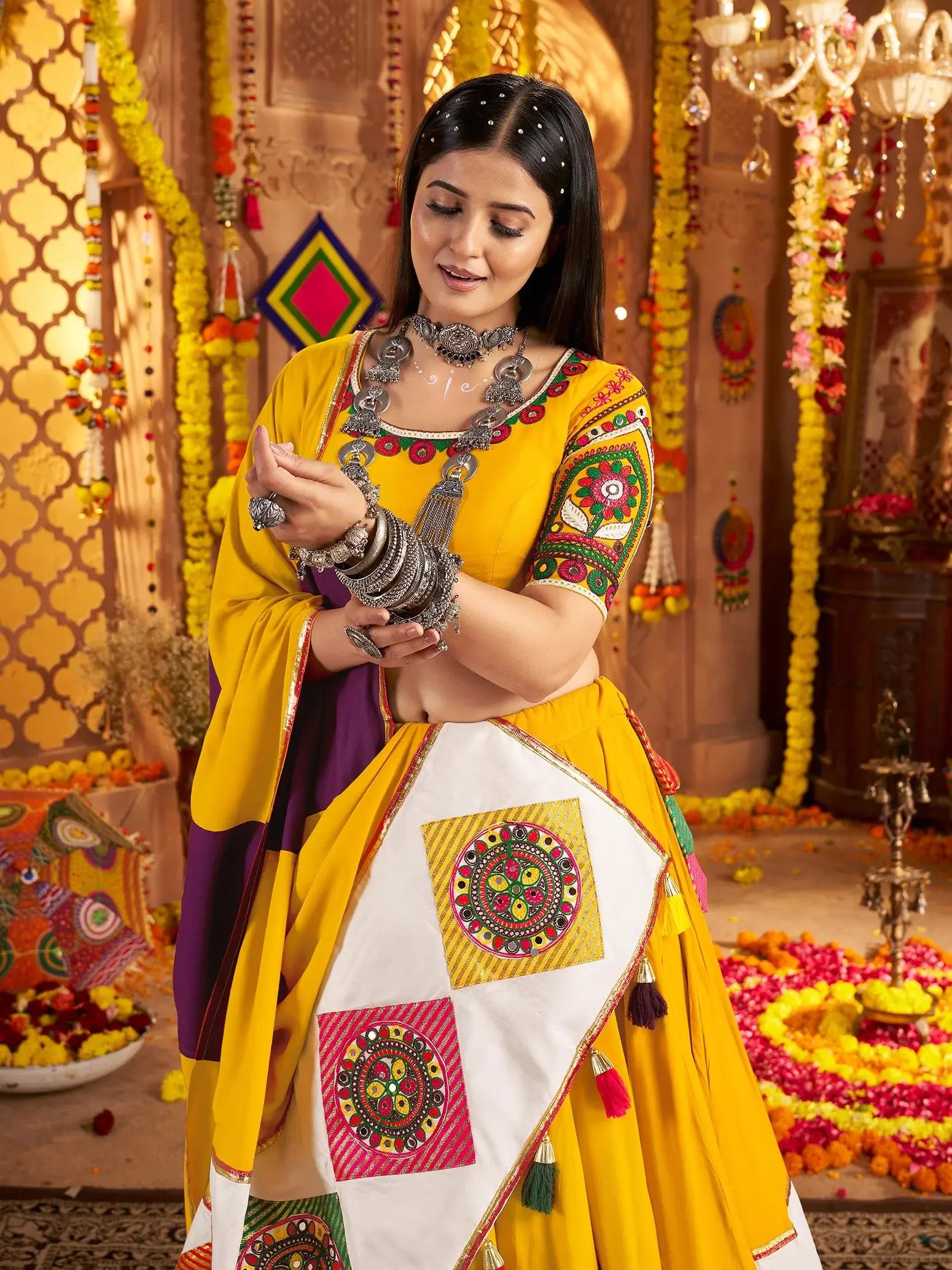 Outstanding Mustard Yellow Thread Work Cotton Navratri Special Lehenga Choli - Zeel Clothing