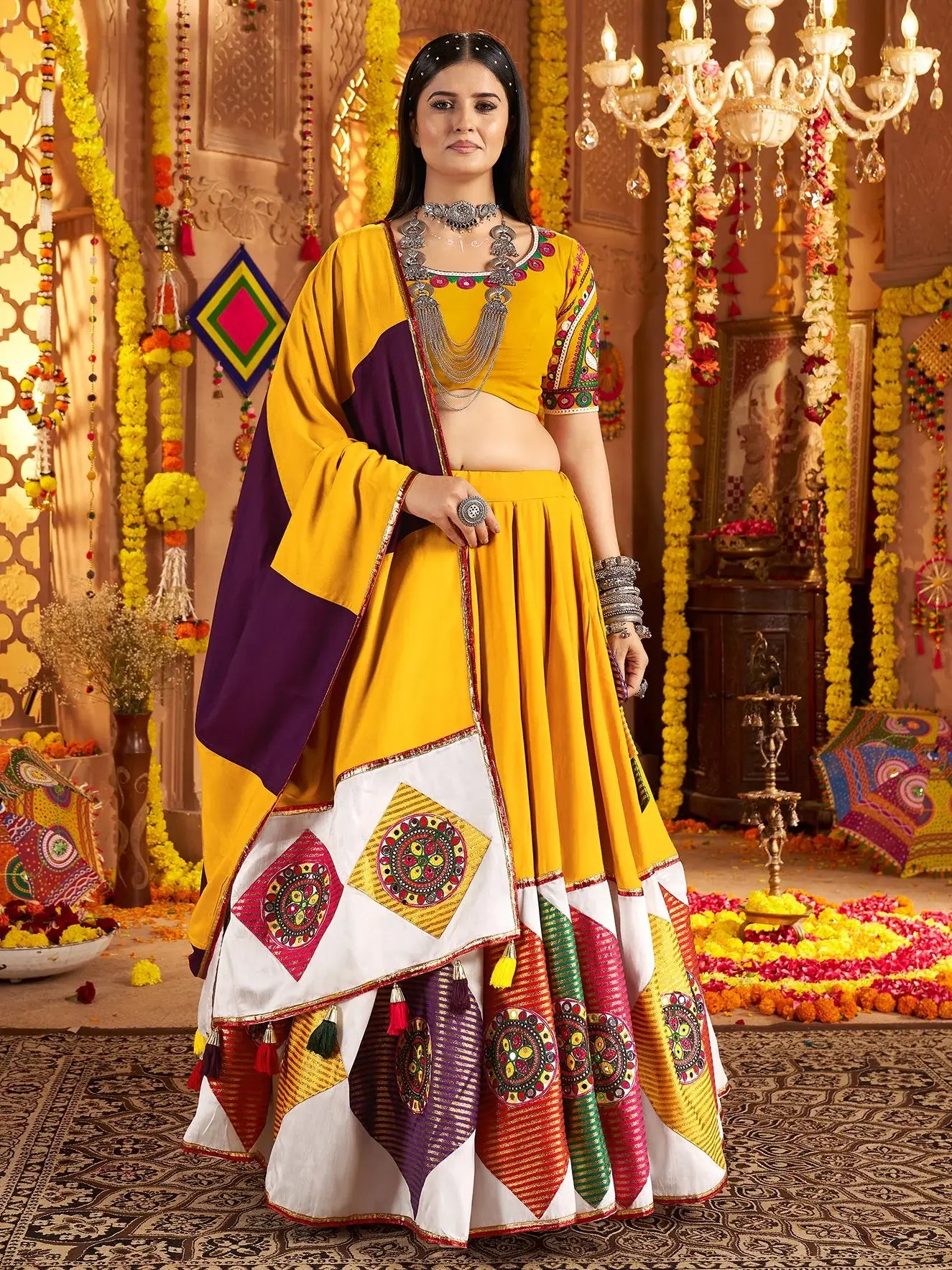 Outstanding Mustard Yellow Thread Work Cotton Navratri Special Lehenga Choli - Zeel Clothing
