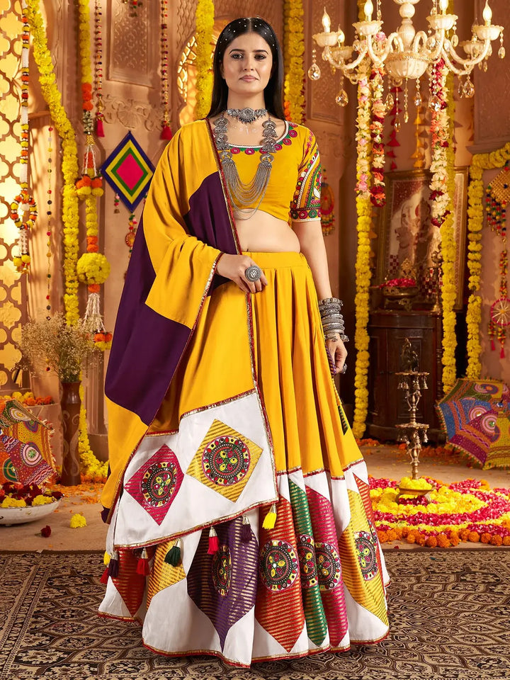 Outstanding Mustard Yellow Thread Work Cotton Navratri Special Lehenga Choli - Zeel Clothing