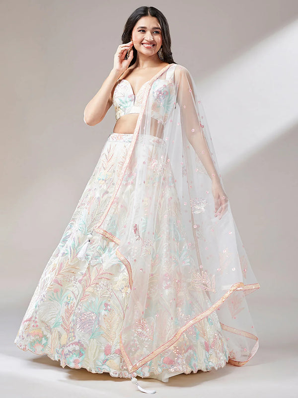 Outstanding Off-White Sequins Net Lehenga Choli With Dupatta - Zeel Clothing