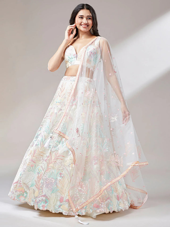 Outstanding Off-White Sequins Net Lehenga Choli With Dupatta - Zeel Clothing