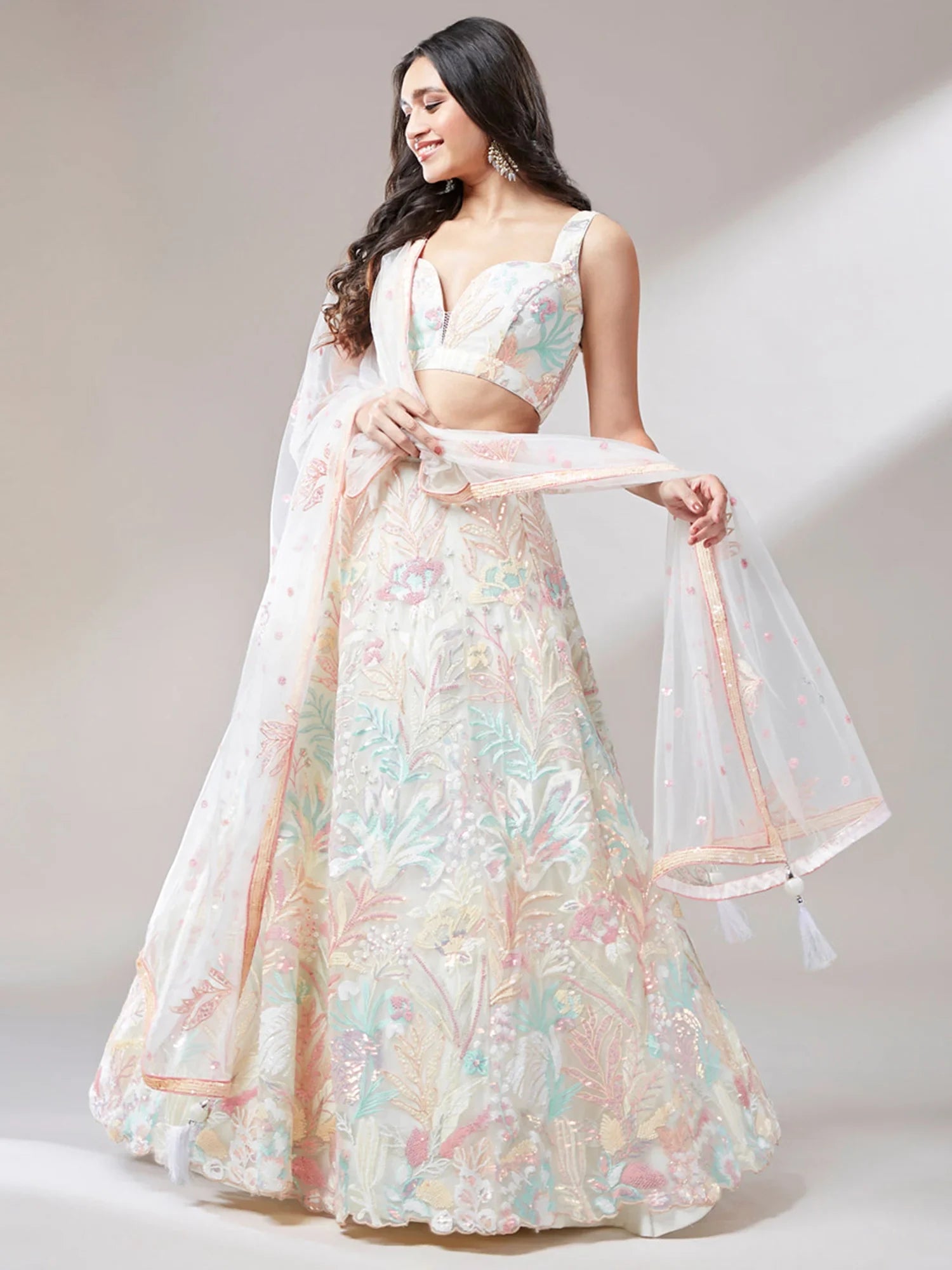 Outstanding Off-White Sequins Net Lehenga Choli With Dupatta - Zeel Clothing