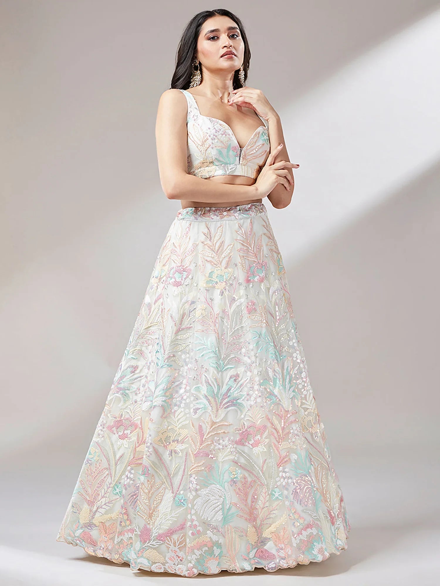 Outstanding Off-White Sequins Net Lehenga Choli With Dupatta - Zeel Clothing