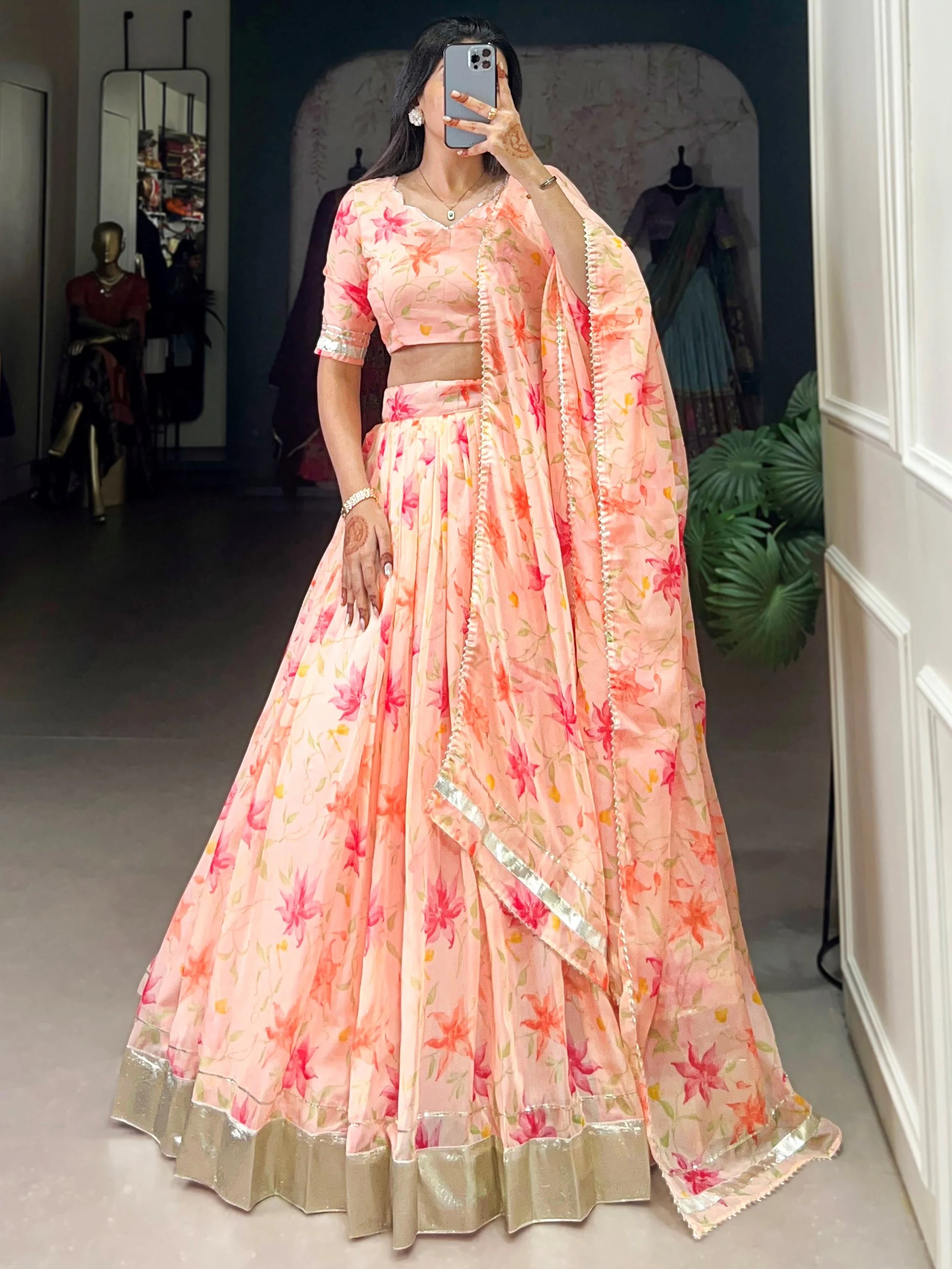 Outstanding Peach Floral Printed Silk Bridesmaid Lehenga Choli With Dupatta
