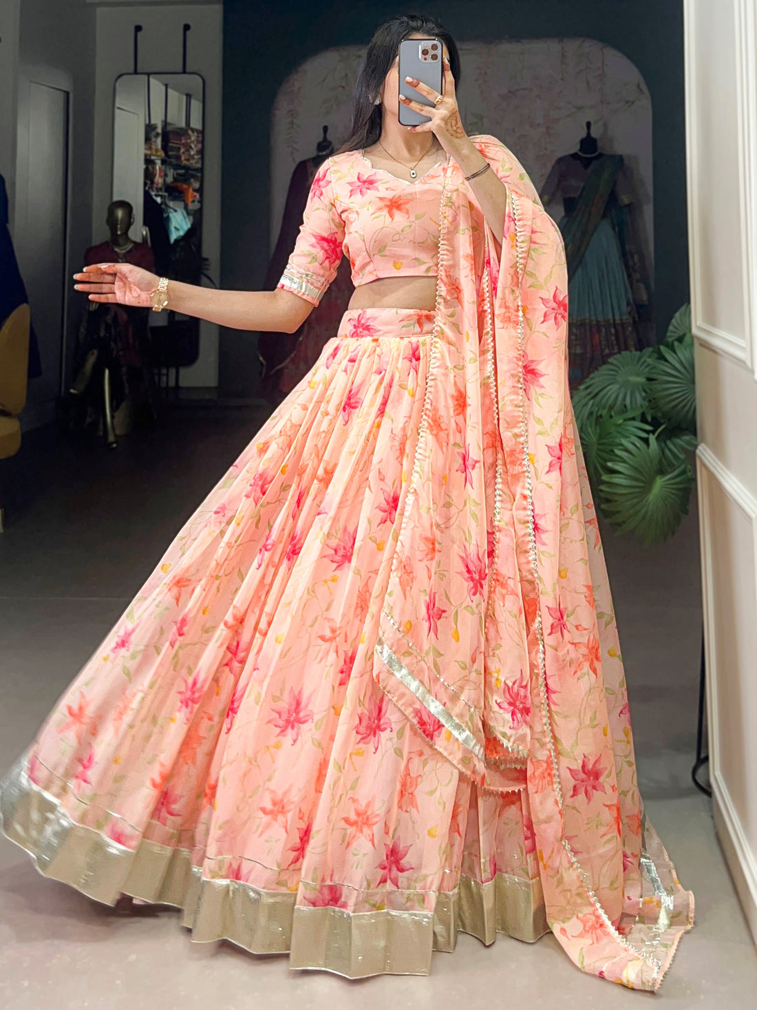 Outstanding Peach Floral Printed Silk Bridesmaid Lehenga Choli With Dupatta