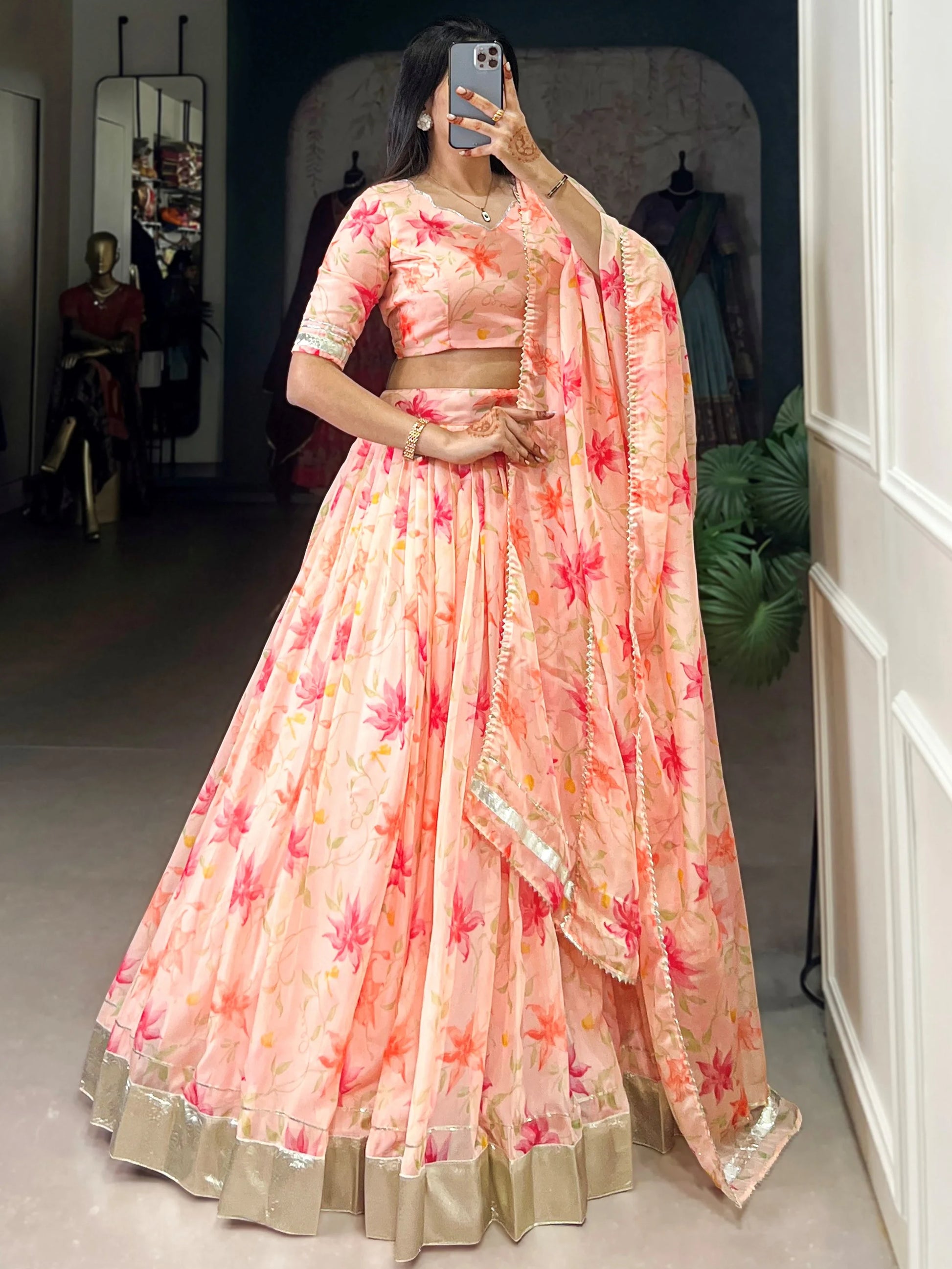 Outstanding Peach Floral Printed Silk Bridesmaid Lehenga Choli With Dupatta
