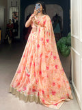 Outstanding Peach Floral Printed Silk Bridesmaid Lehenga Choli With Dupatta