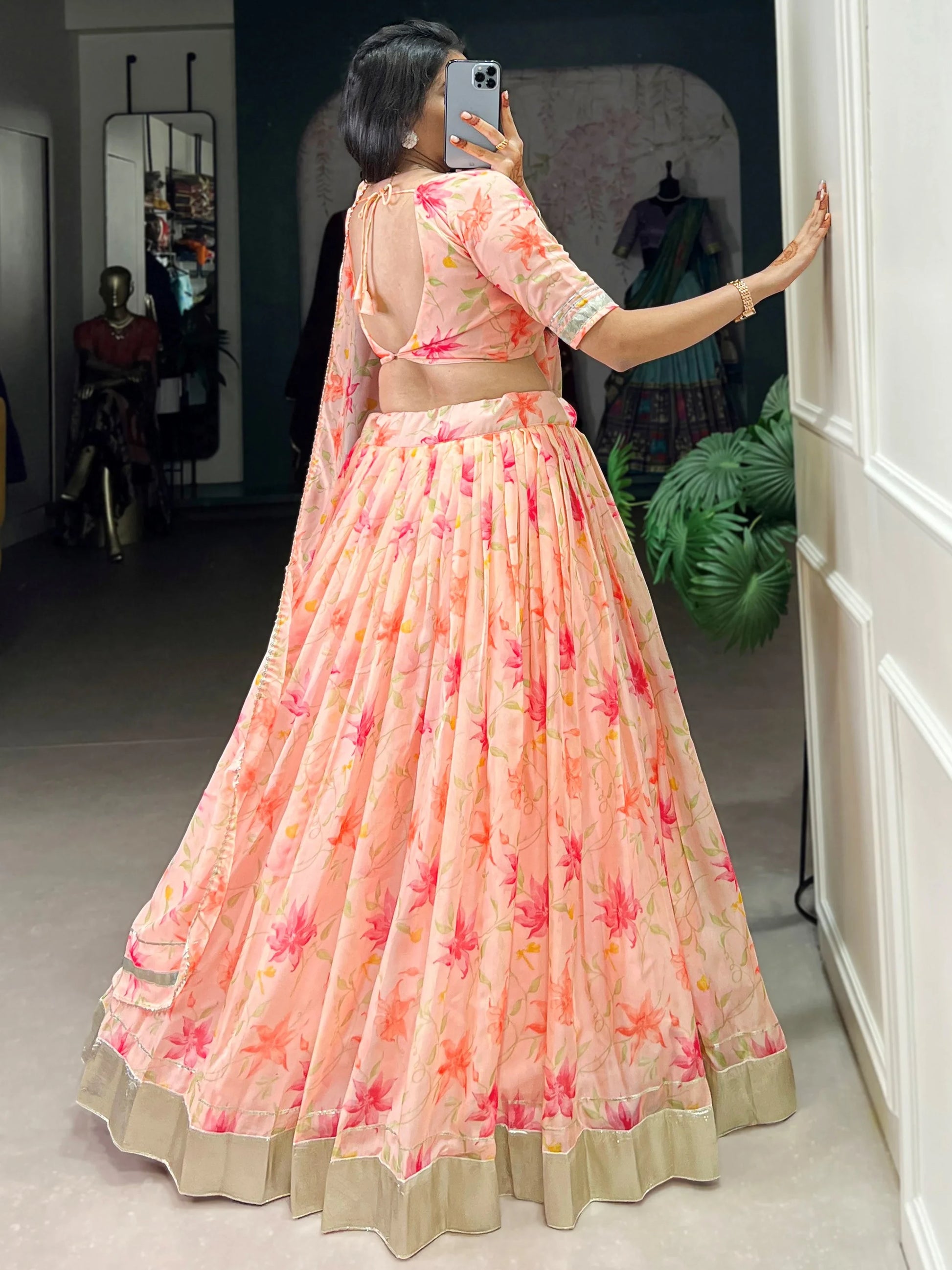 Outstanding Peach Floral Printed Silk Bridesmaid Lehenga Choli With Dupatta