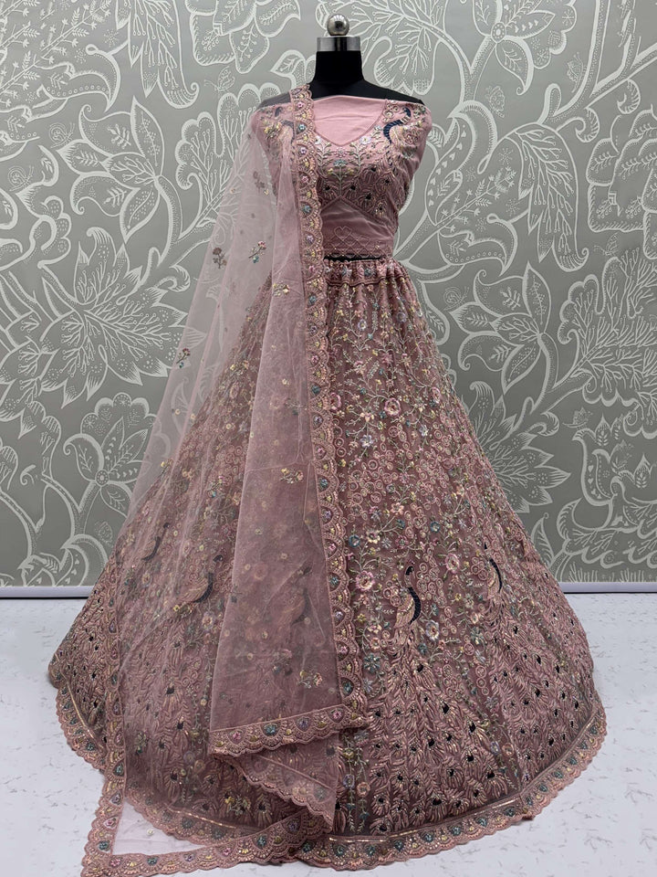 Outstanding Peach Zircon Work Net Bridesmaid Lehenga With Blouse