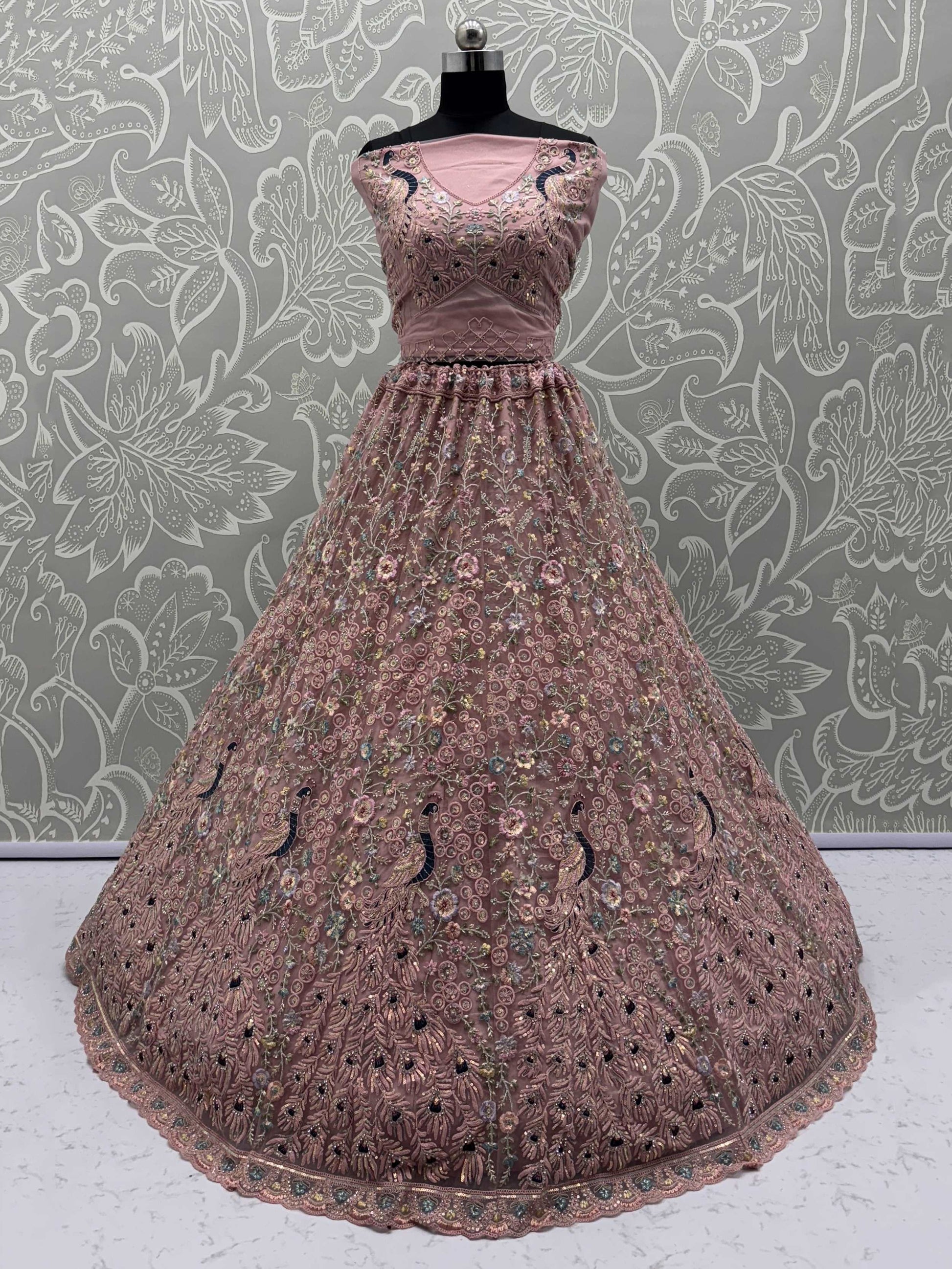 Outstanding Peach Zircon Work Net Bridesmaid Lehenga With Blouse