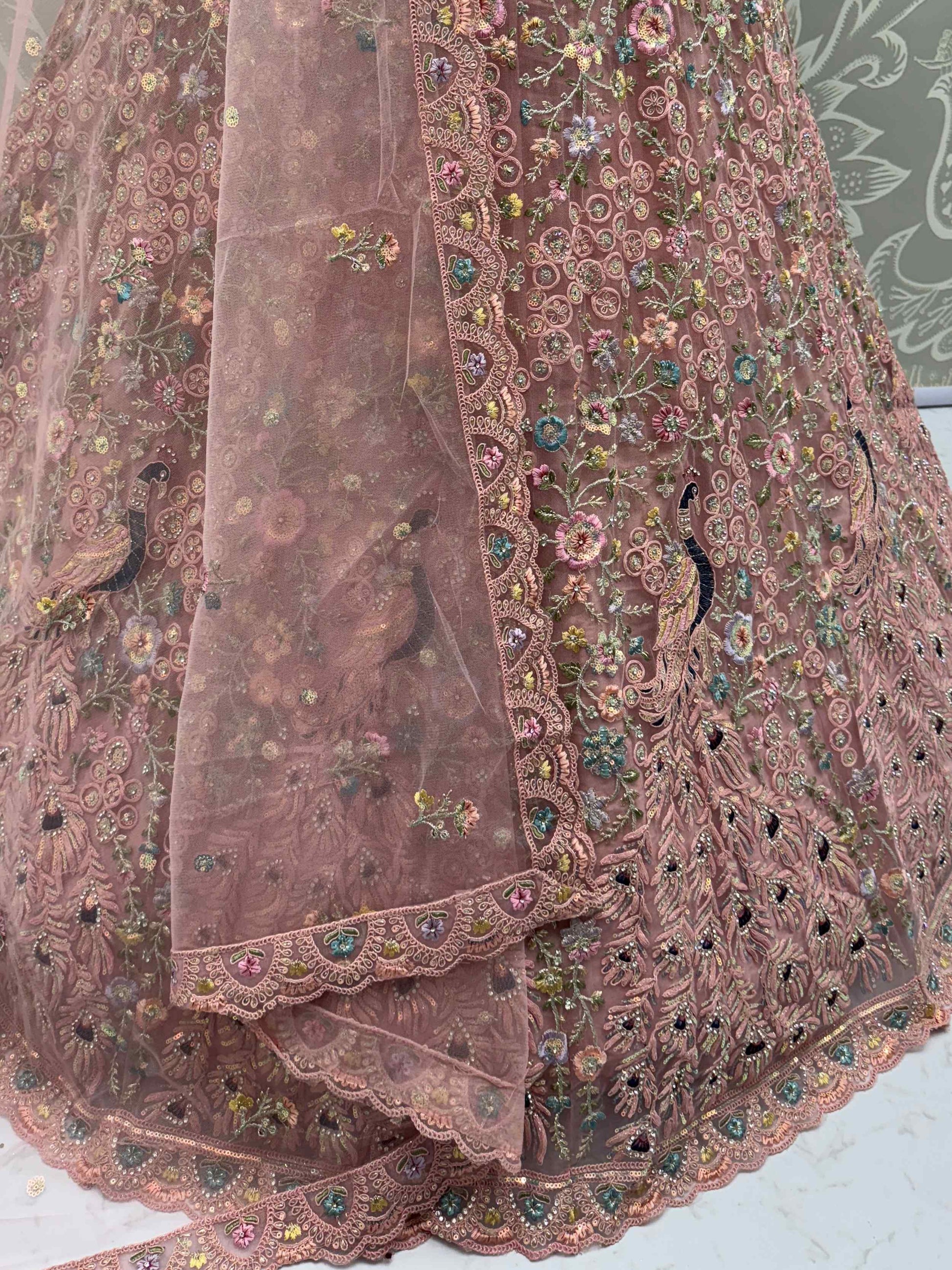 Outstanding Peach Zircon Work Net Bridesmaid Lehenga With Blouse