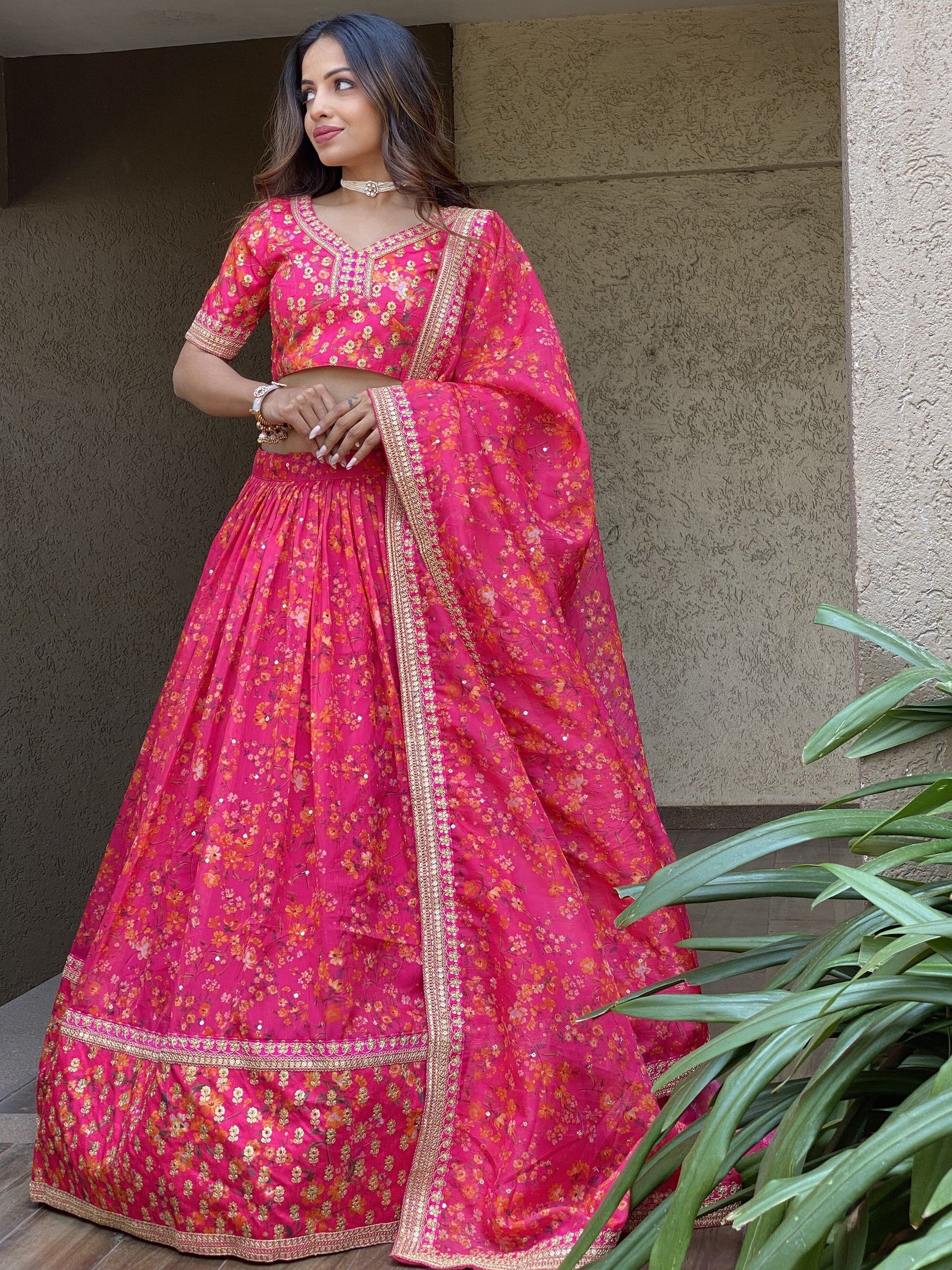 Outstanding Pink Floral Printed Organza Sangeet Wear Lehenga Choli - Zeel Clothing