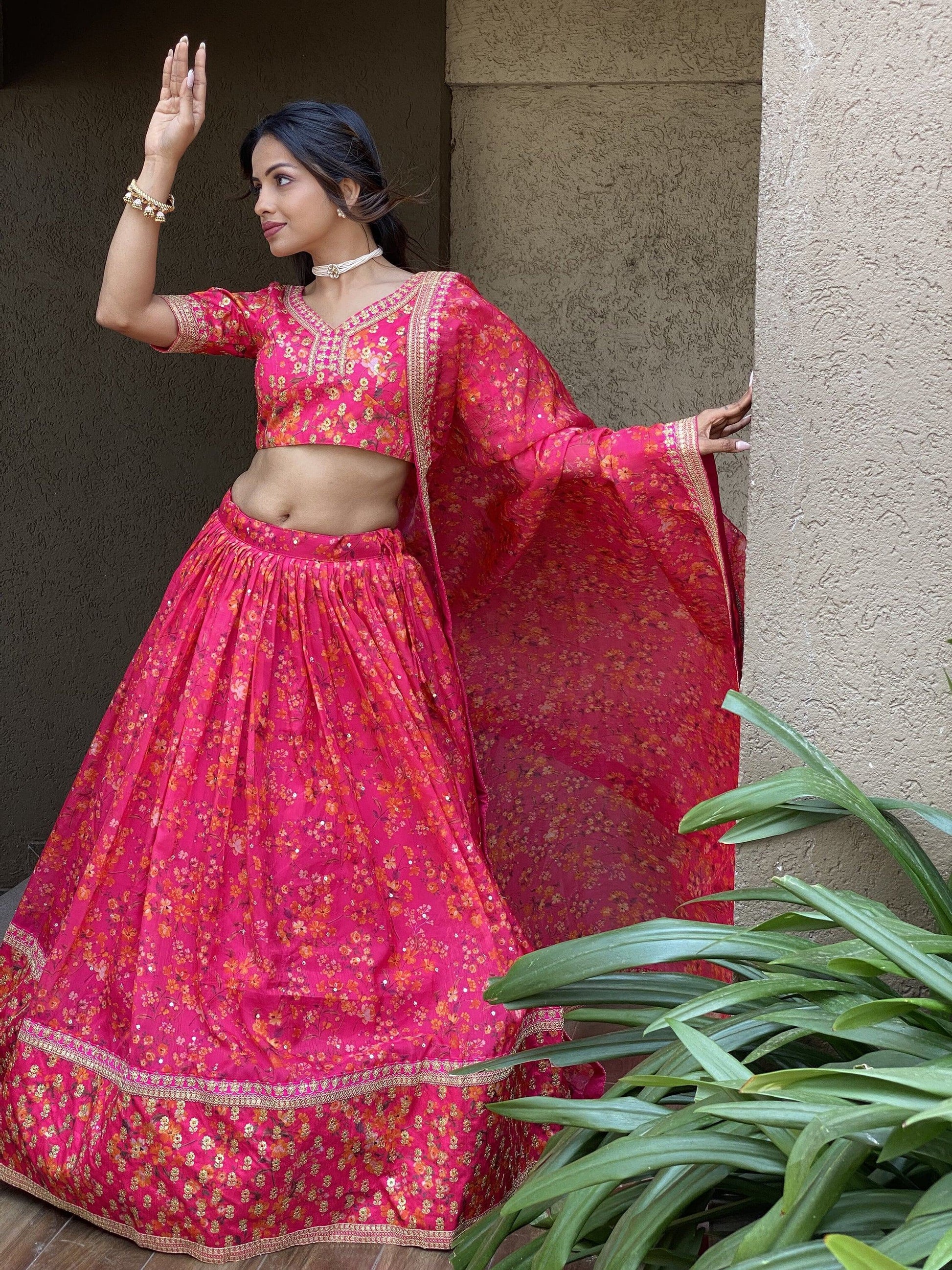 Outstanding Pink Floral Printed Organza Sangeet Wear Lehenga Choli - Zeel Clothing