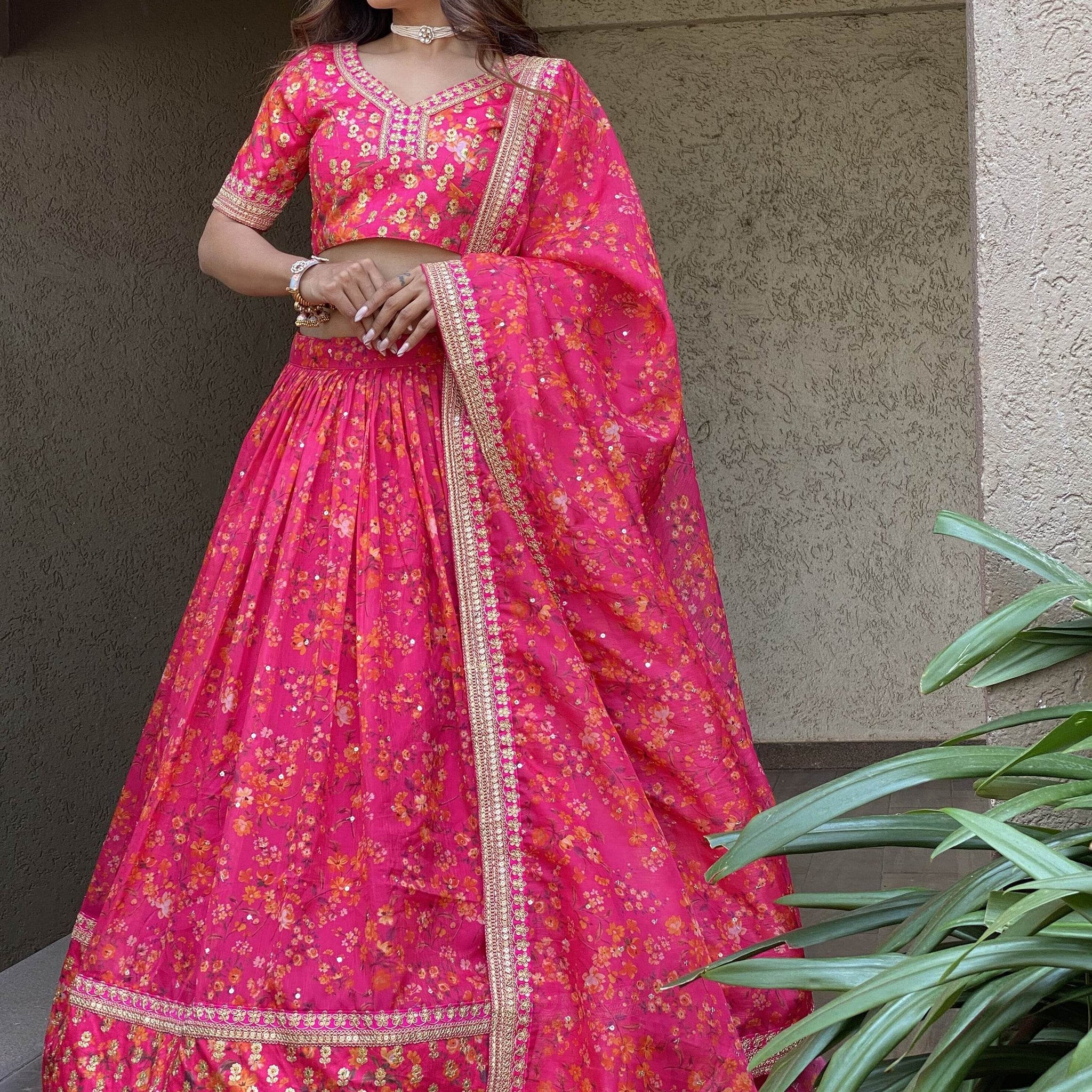 Outstanding Pink Floral Printed Organza Sangeet Wear Lehenga Choli - Zeel Clothing