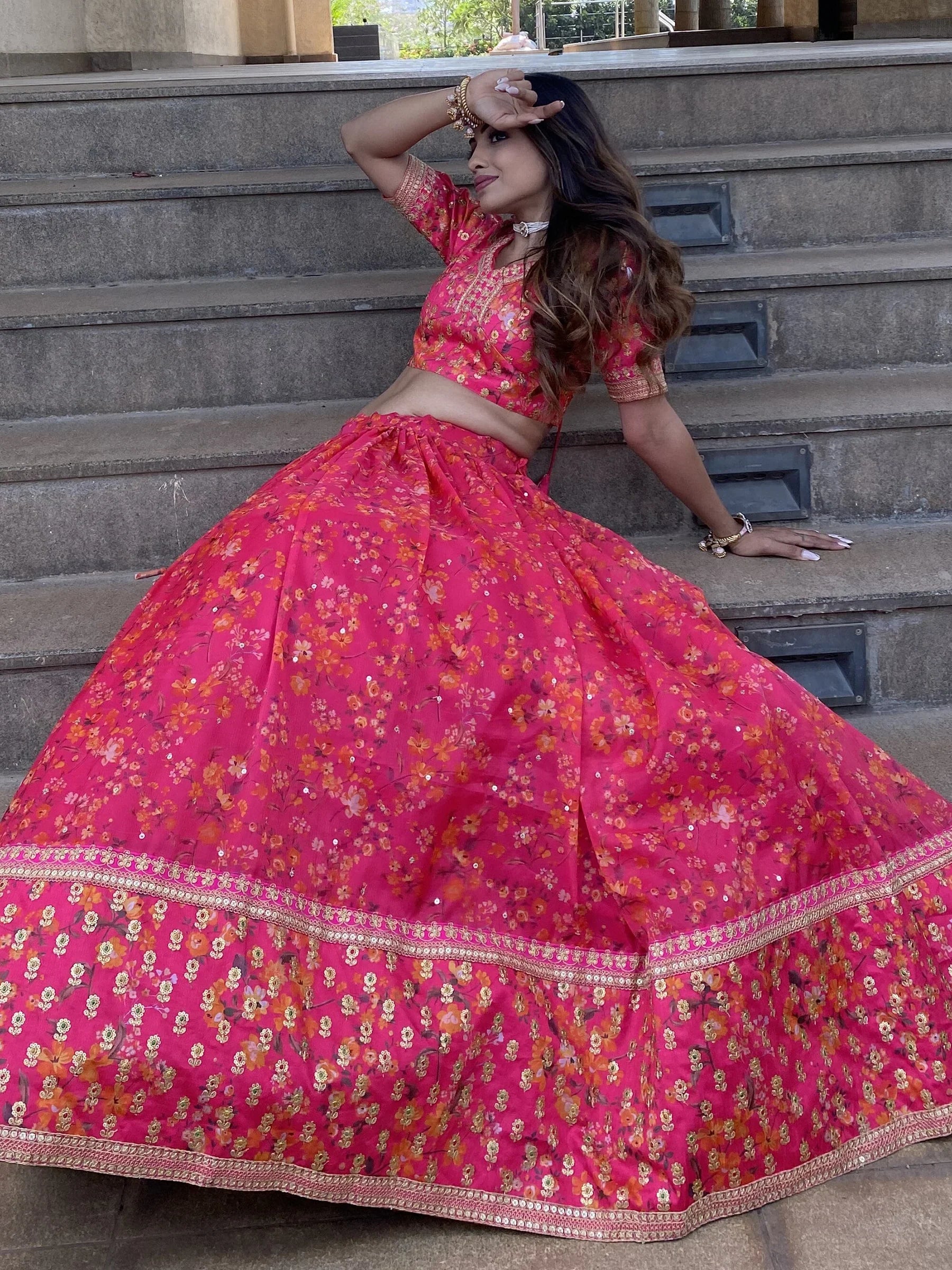 Outstanding Pink Floral Printed Organza Sangeet Wear Lehenga Choli - Zeel Clothing