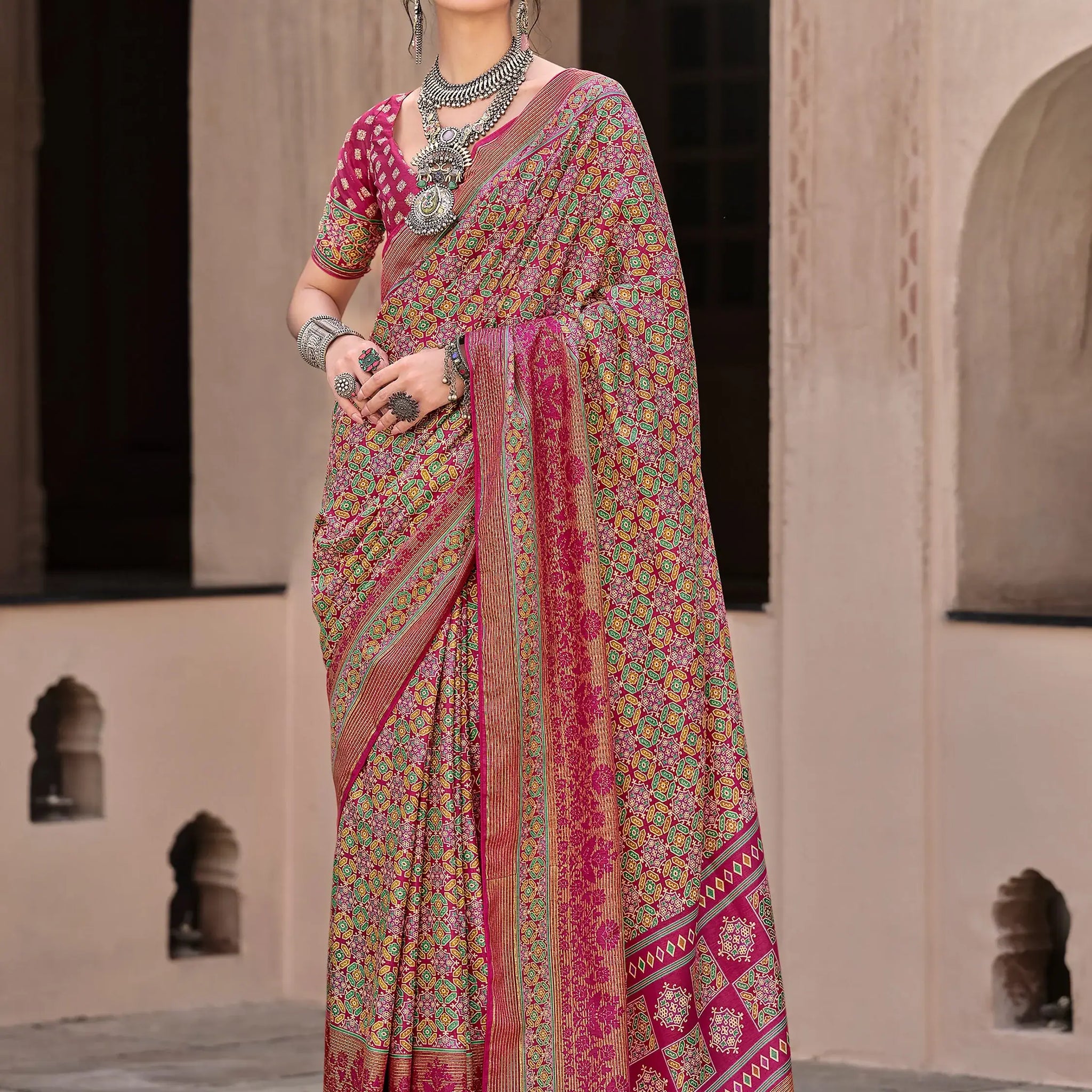Outstanding Pink Printed Silk Festival Wear Saree With Blouse - Zeel Clothing