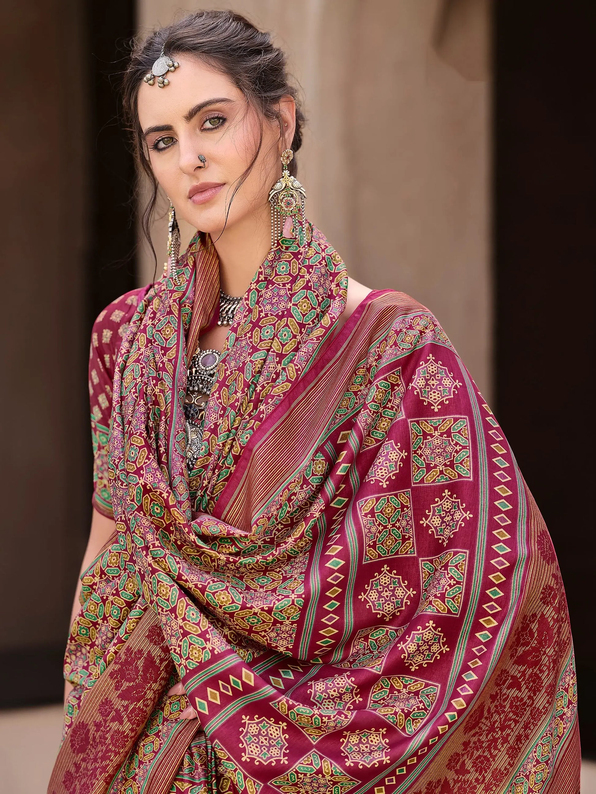 Outstanding Pink Printed Silk Festival Wear Saree With Blouse - Zeel Clothing