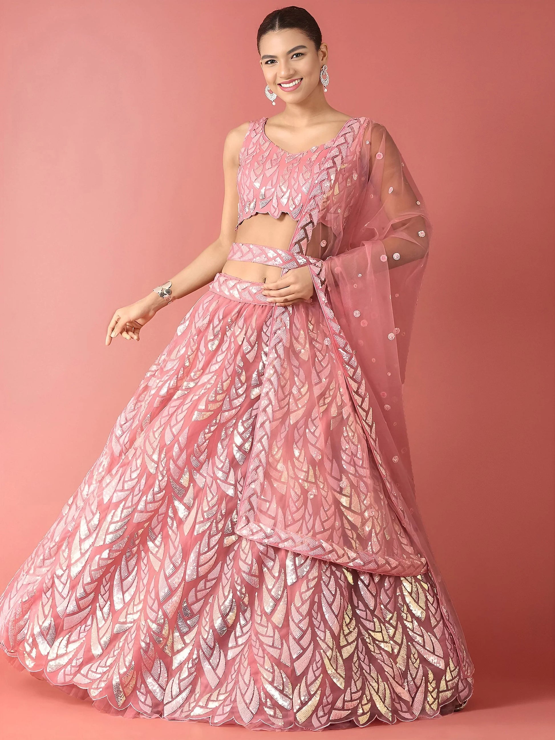 Outstanding Pink Sequins Net Reception Wear Lehenga Choli