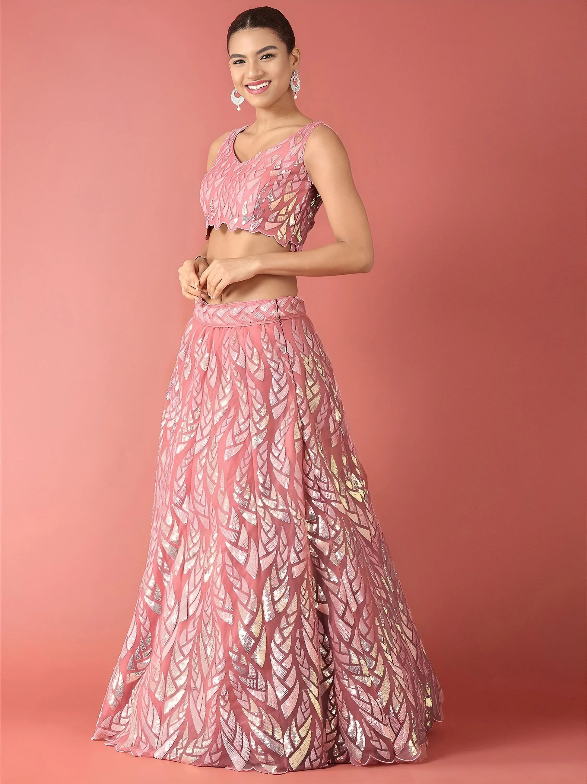Outstanding Pink Sequins Net Reception Wear Lehenga Choli