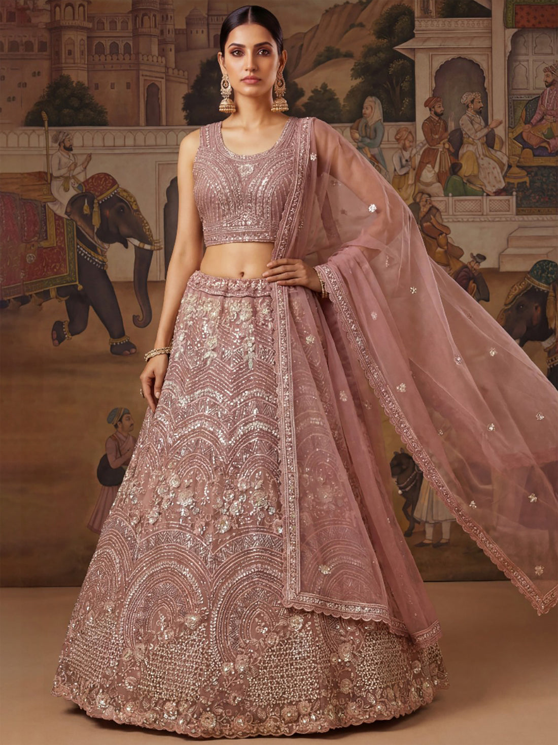 Outstanding Pink Sequins Work Net Reception Wear Lehenga With Dupatta