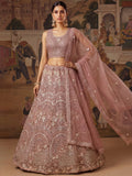 Outstanding Pink Sequins Work Net Reception Wear Lehenga With Dupatta