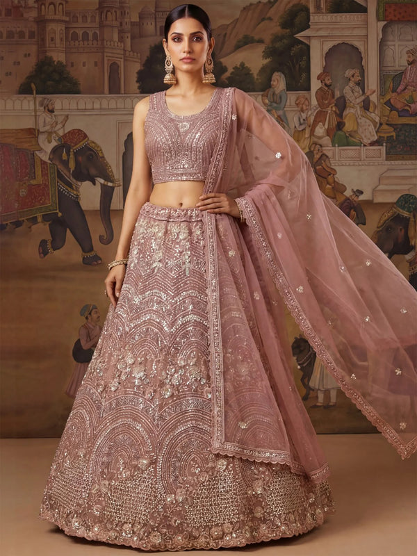 Outstanding Pink Sequins Work Net Reception Wear Lehenga With Dupatta
