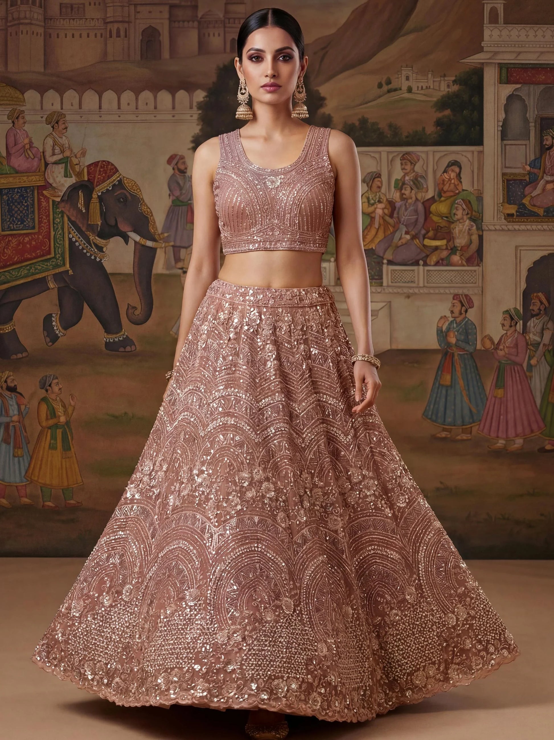 Outstanding Pink Sequins Work Net Reception Wear Lehenga With Dupatta