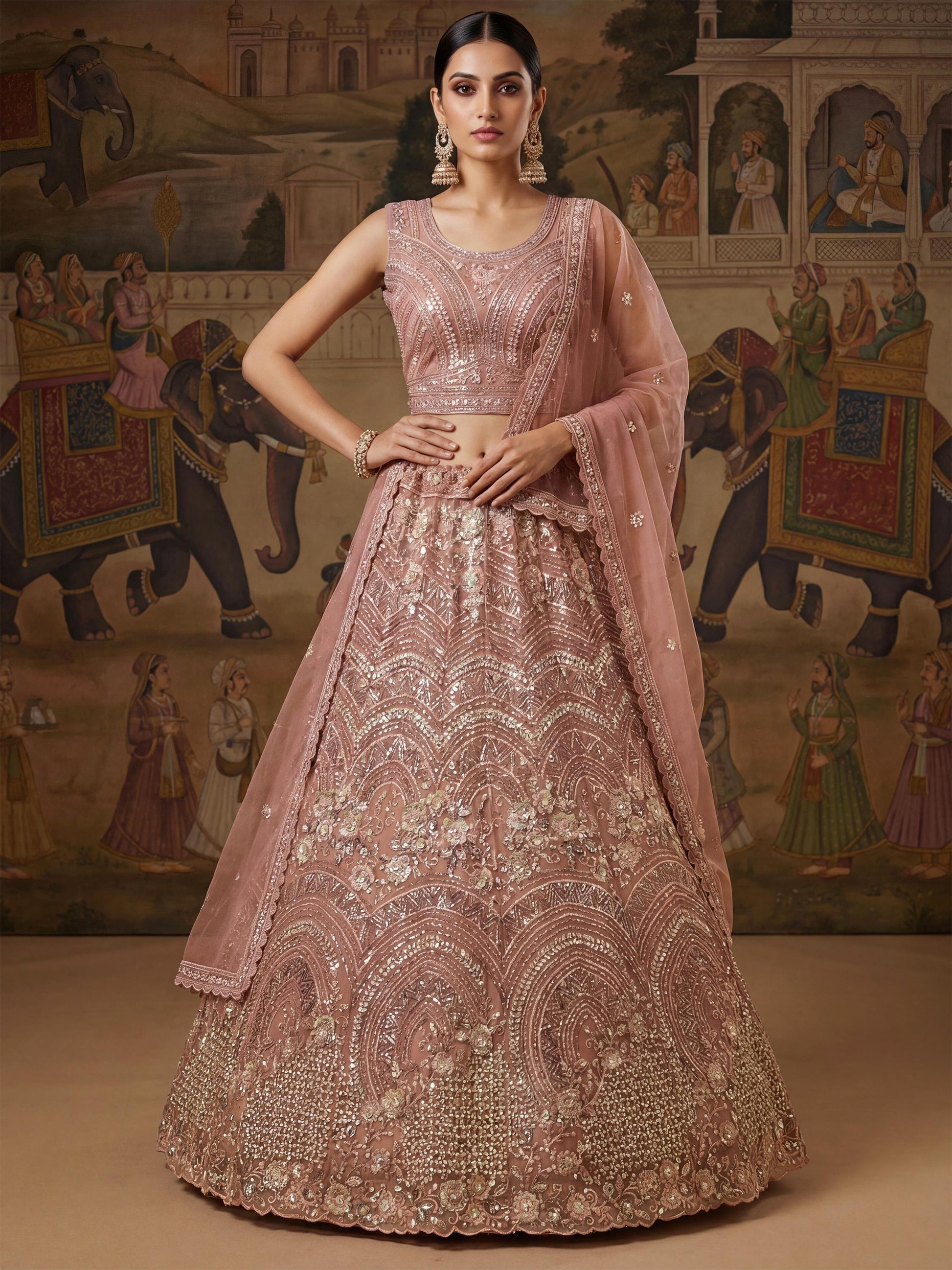 Outstanding Pink Sequins Work Net Reception Wear Lehenga With Dupatta
