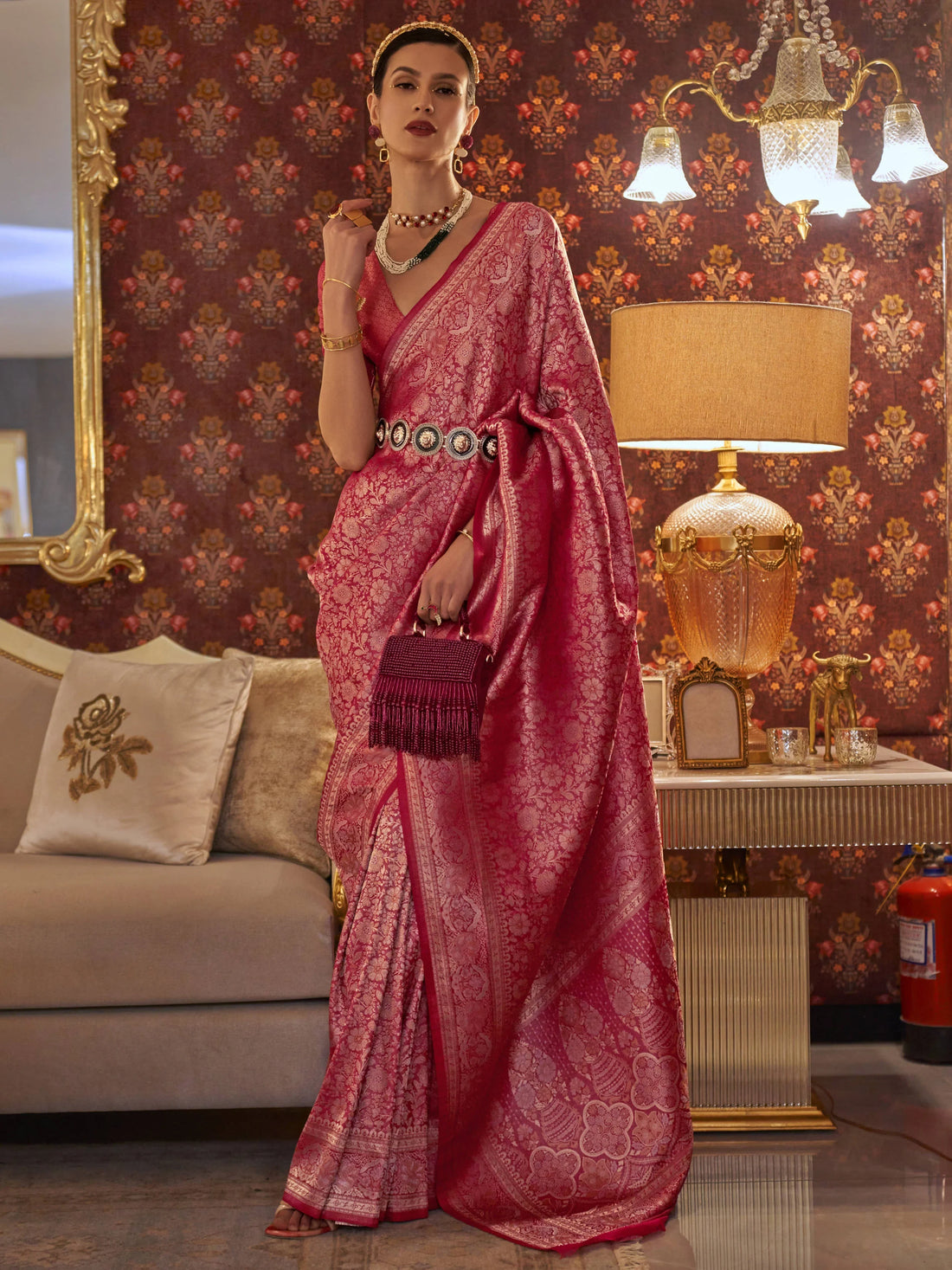 Outstanding Pink Woven Silk Reception Wear Saree With Blouse - Zeel Clothing