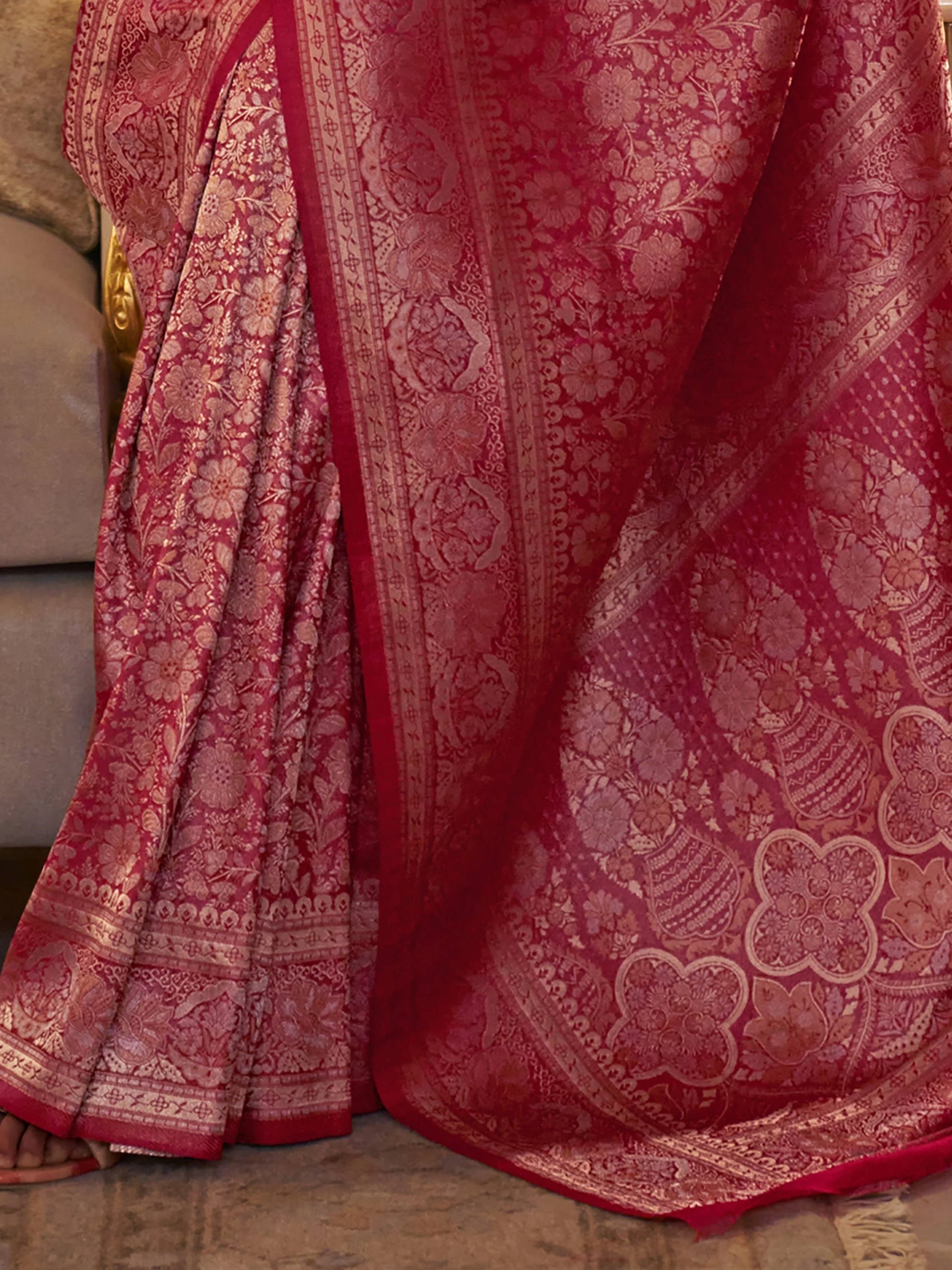 Outstanding Pink Woven Silk Reception Wear Saree With Blouse - Zeel Clothing