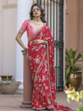 Outstanding Red Floral Printed Silk Engagement Wear Saree With Blouse - Zeel Clothing