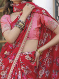 Outstanding Red Floral Printed Silk Engagement Wear Saree With Blouse - Zeel Clothing