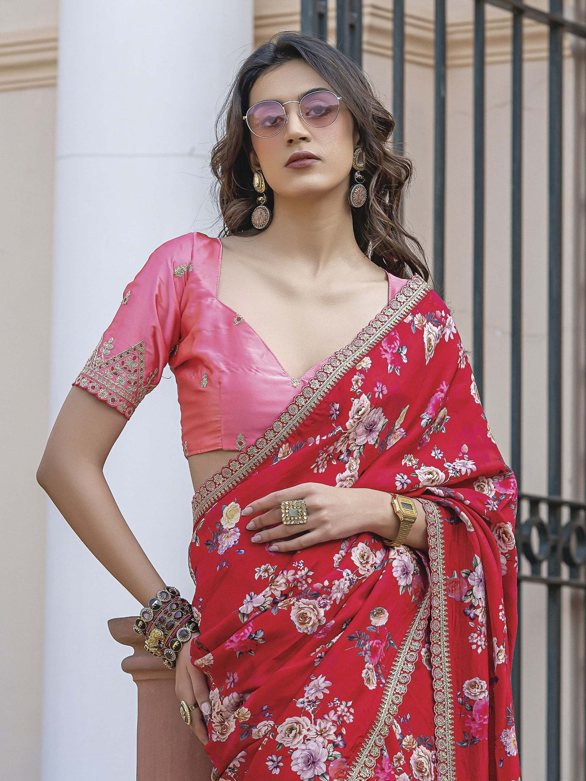 Outstanding Red Floral Printed Silk Engagement Wear Saree With Blouse - Zeel Clothing