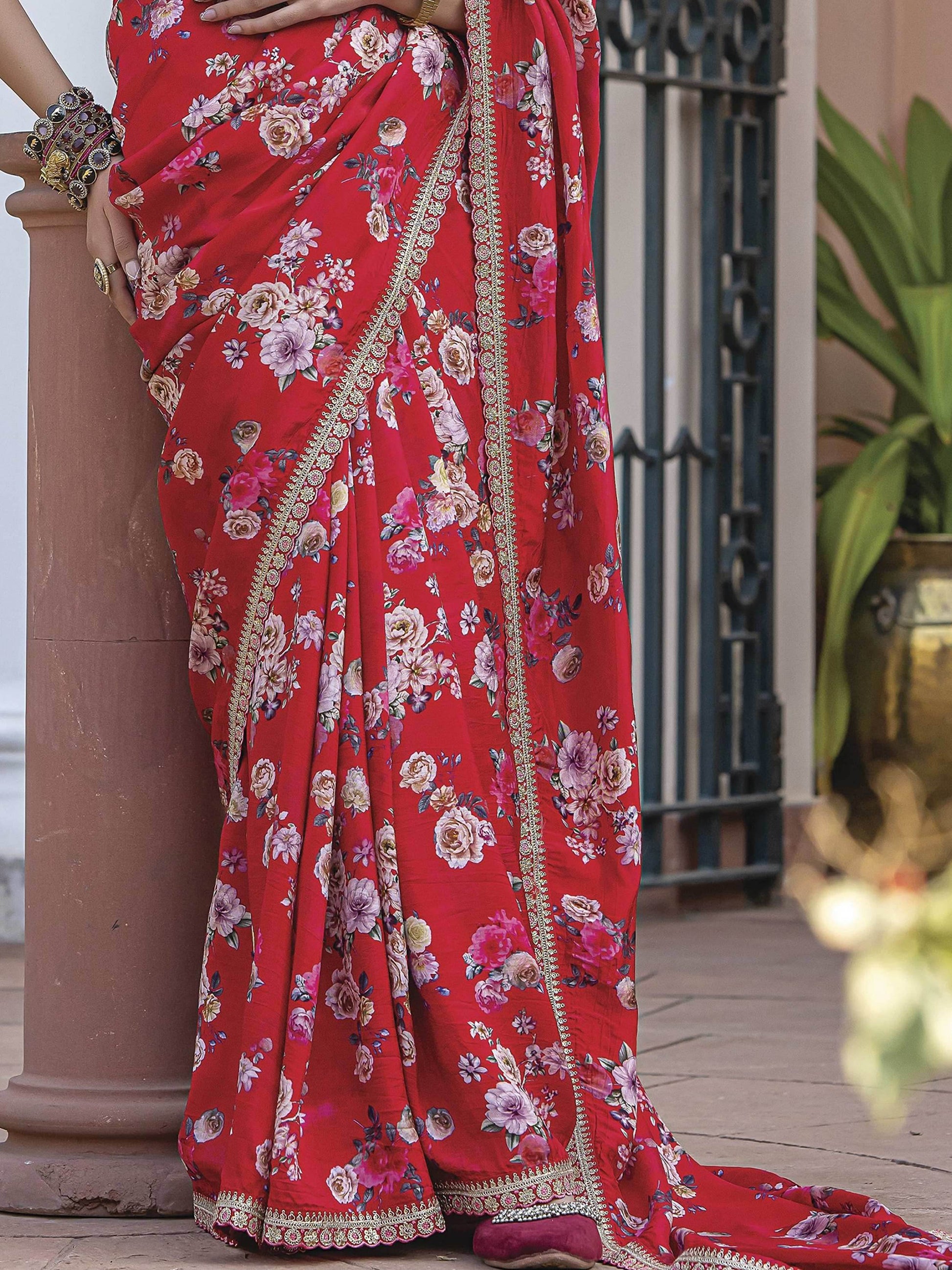 Outstanding Red Floral Printed Silk Engagement Wear Saree With Blouse - Zeel Clothing
