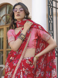 Outstanding Red Floral Printed Silk Engagement Wear Saree With Blouse - Zeel Clothing