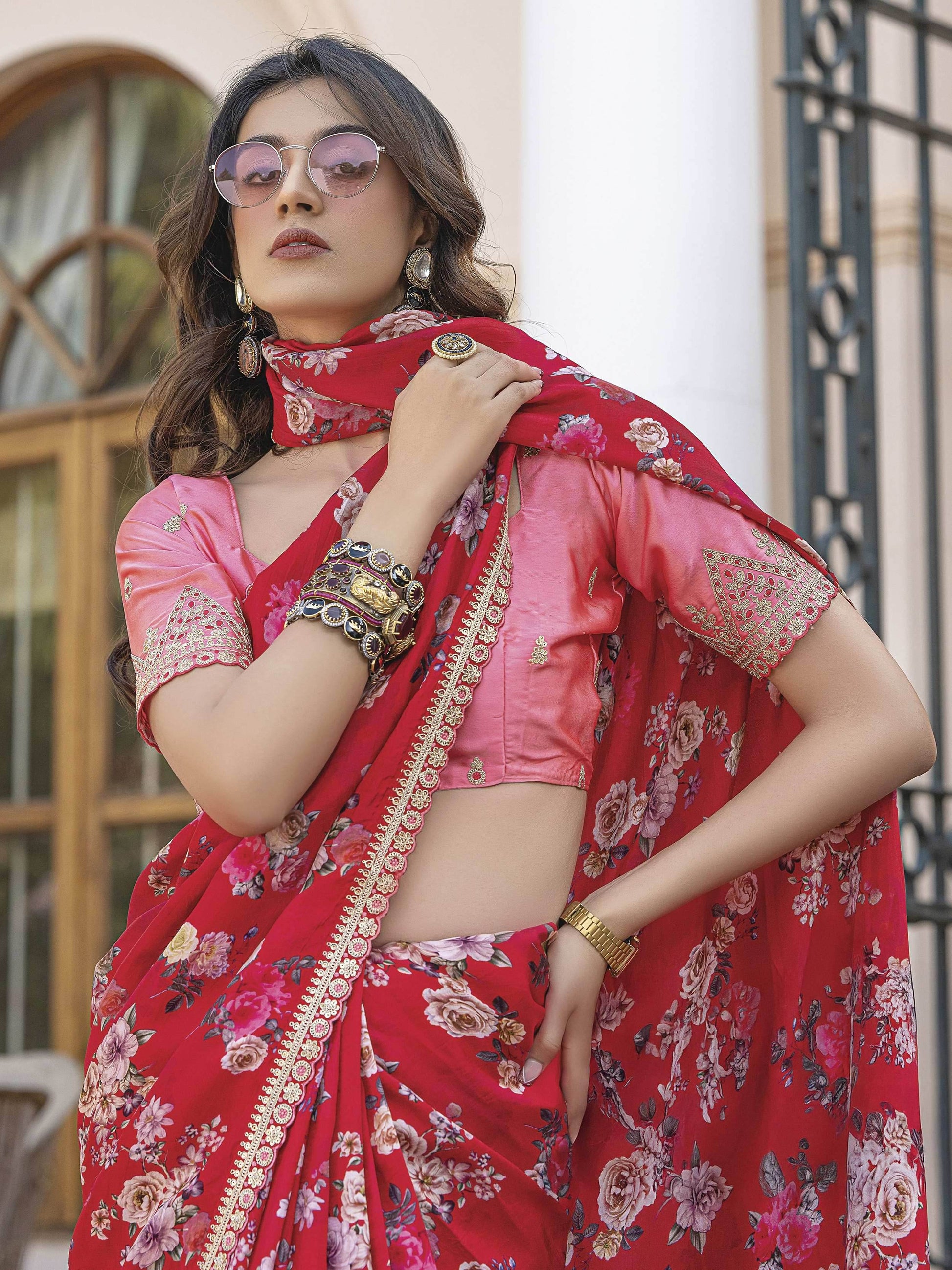 Outstanding Red Floral Printed Silk Engagement Wear Saree With Blouse - Zeel Clothing
