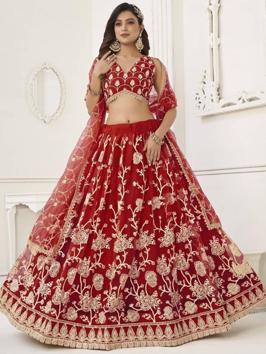 Outstanding Red Sequins Net Wedding Wear Lehenga Choli With Dupatta