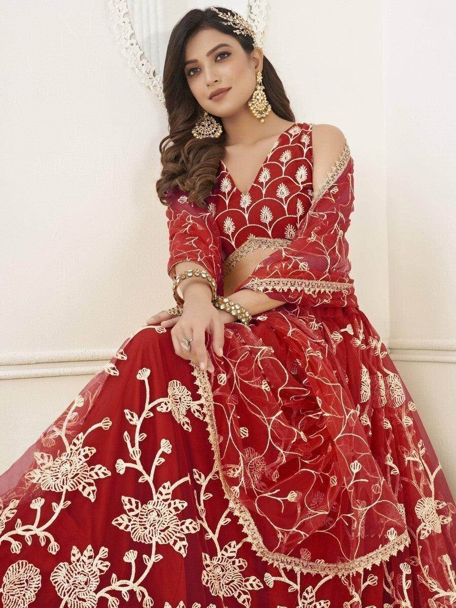 Outstanding Red Sequins Net Wedding Wear Lehenga Choli With Dupatta - Zeel Clothing