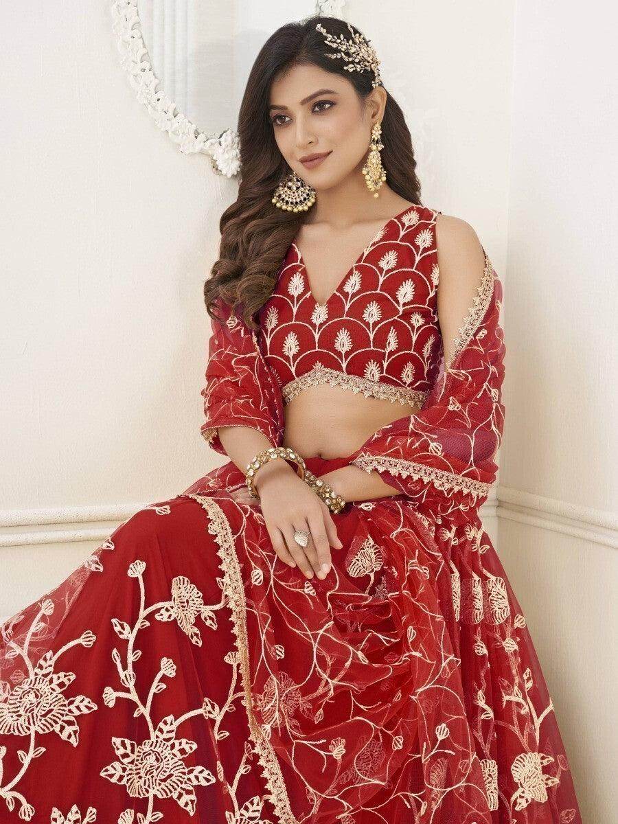 Outstanding Red Sequins Net Wedding Wear Lehenga Choli With Dupatta - Zeel Clothing