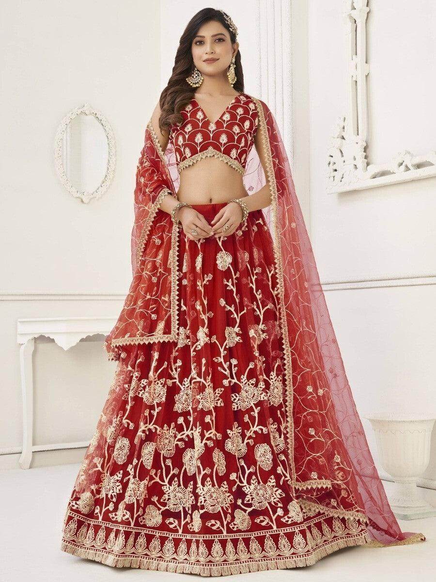 Outstanding Red Sequins Net Wedding Wear Lehenga Choli With Dupatta - Zeel Clothing