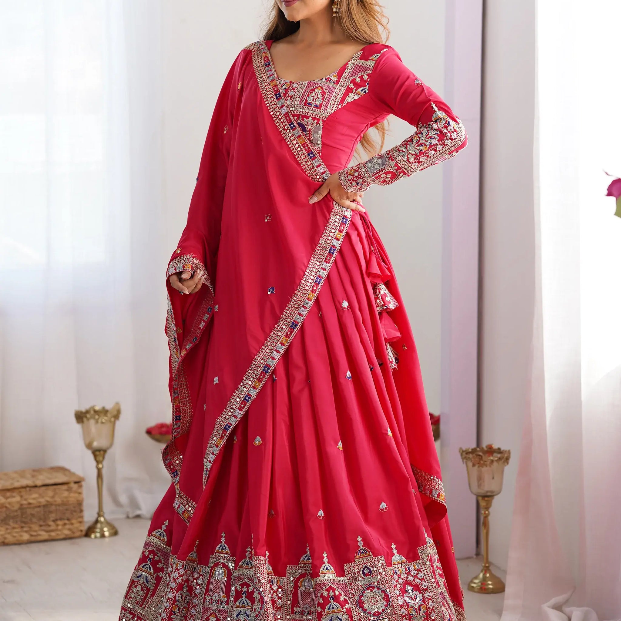 Outstanding Red Sequins Silk Wedding Wear Lehenga Choli With Dupatta - Zeel Clothing