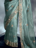 Outstanding Sea Green Khatli Embroidered Organza Party Wear Saree - Zeel Clothing