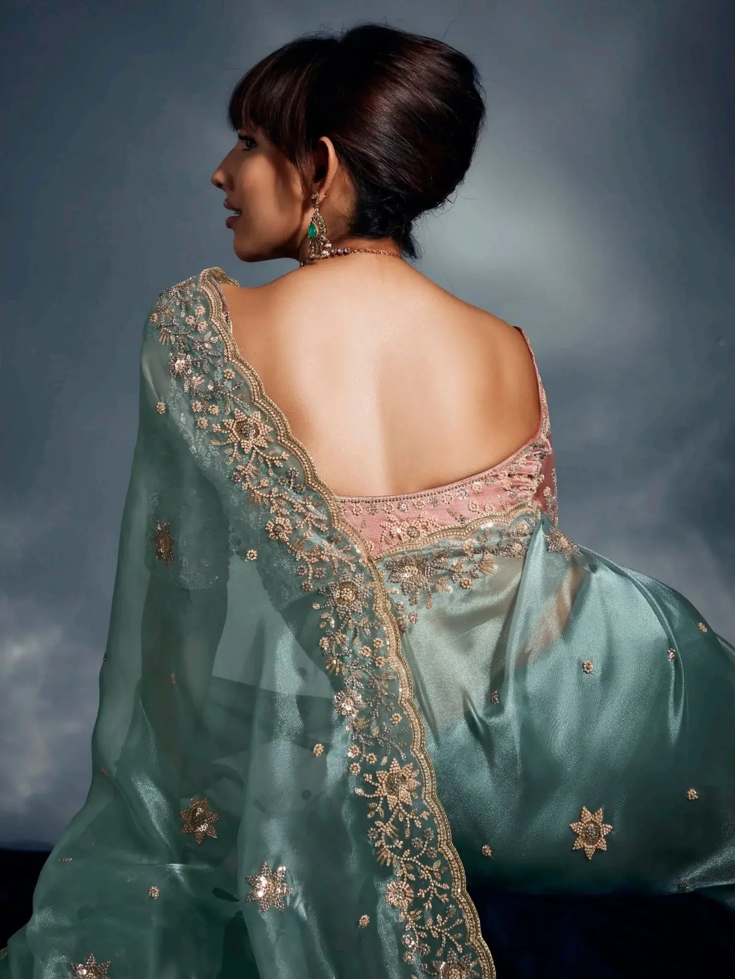 Outstanding Sea Green Khatli Embroidered Organza Party Wear Saree - Zeel Clothing
