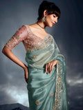 Outstanding Sea Green Khatli Embroidered Organza Party Wear Saree - Zeel Clothing