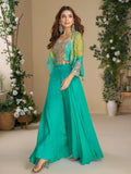 Outstanding Sea Green Sequins Georgette Party Wear Crop Top Palazzo With Jacket - Zeel Clothing